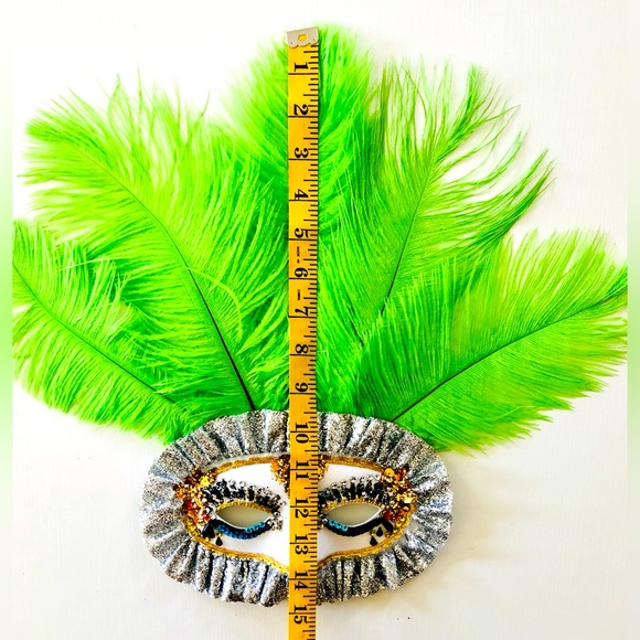 Beaded eye mask grn ostrich feathers Carnevale Masquerade Mardi Gras Halloween - Picture 12 of 16